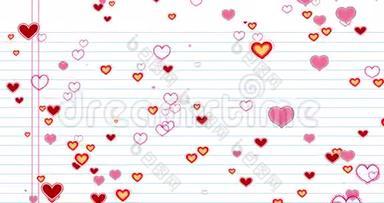情人节色彩斑斓的画心形流在白纸上，学校里排着背景，节日喜庆的情人节爱情